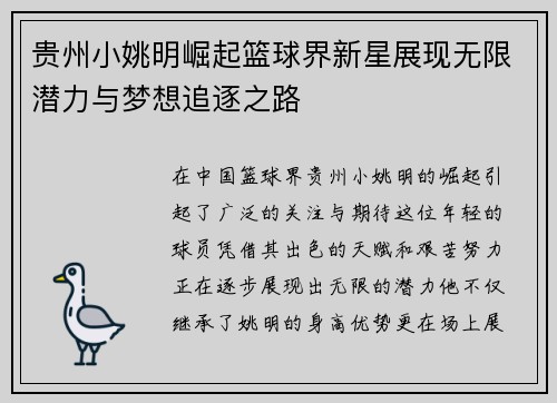贵州小姚明崛起篮球界新星展现无限潜力与梦想追逐之路
