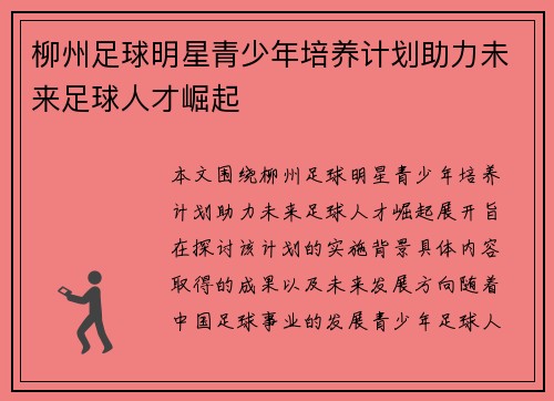 柳州足球明星青少年培养计划助力未来足球人才崛起 柳州足球明星青少年培养计划助力未来足球人才崛起